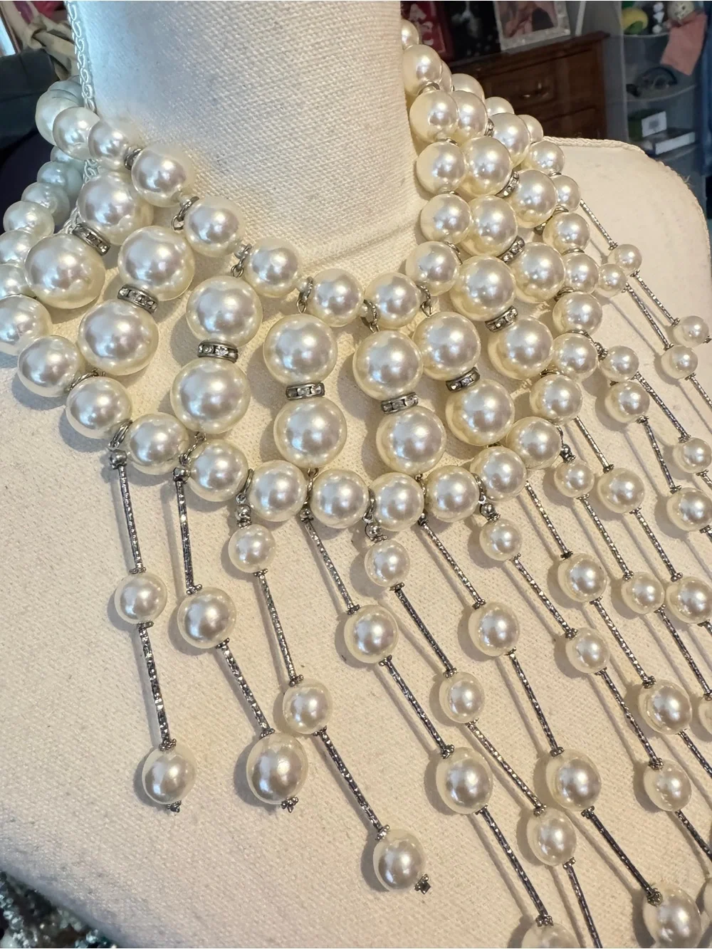 Elegant Pearl Fringe Statement Necklace - White Pearls